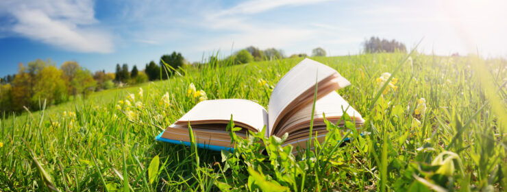 Open book in the grass on the field