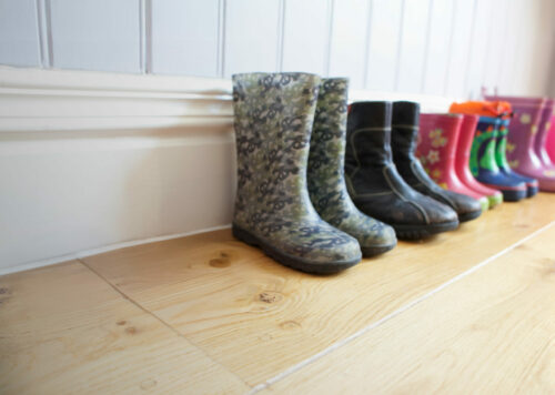 Childrens shoes lined up on floor
