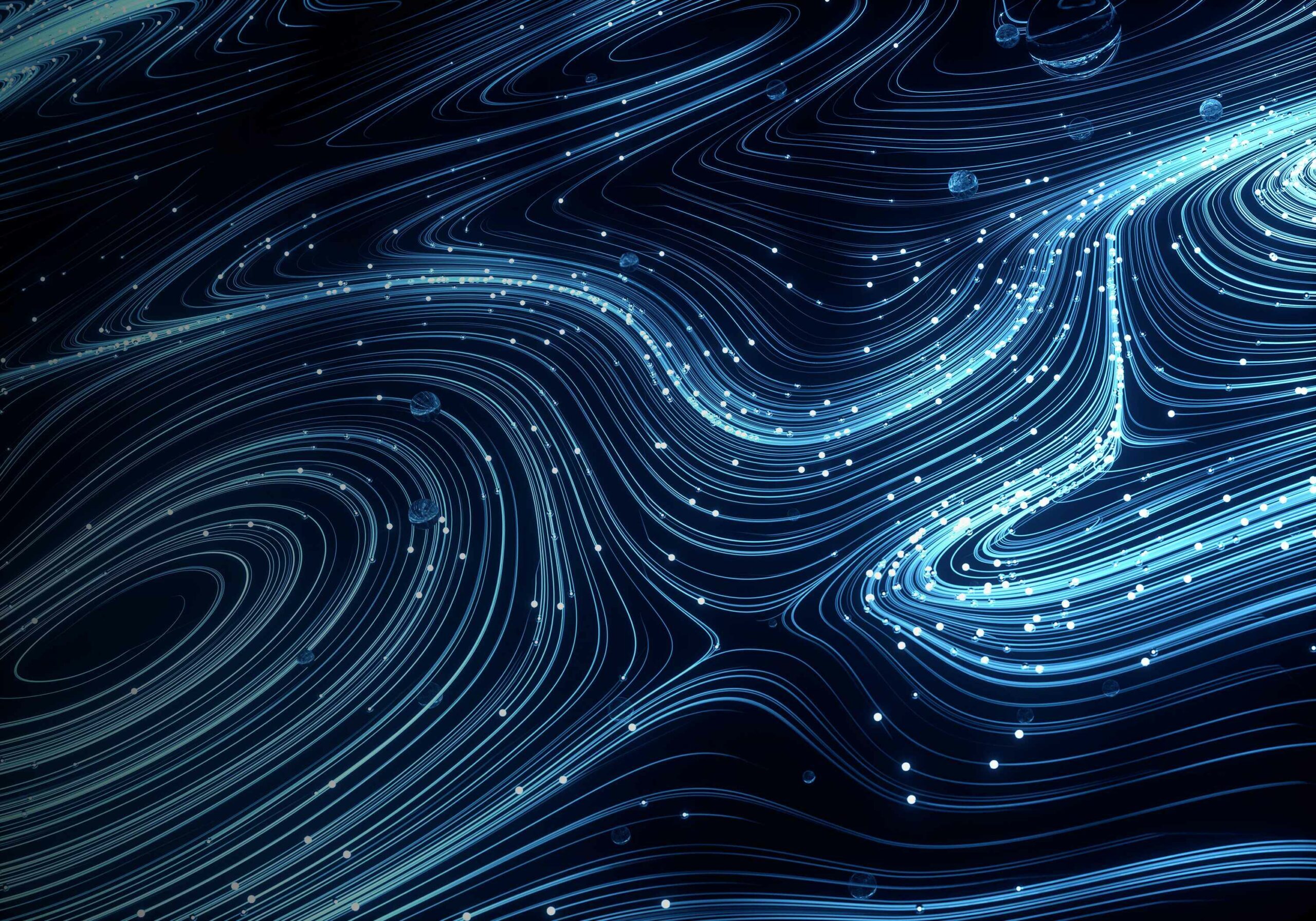 Digital generated image of glow fiber splines making turbulence patterns on black background