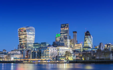 City of London downtown financial area skyline at twilight, United Kingdom