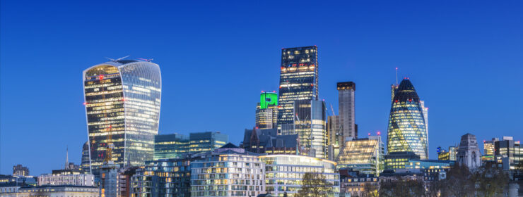 City of London downtown financial area skyline at twilight, United Kingdom