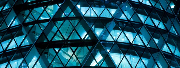 Modern Office Building Illuminated at Night