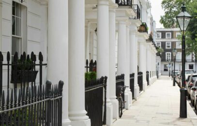 Row of beautiful white edwardian houses in London