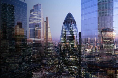 Multi layered cityscape of London skyline