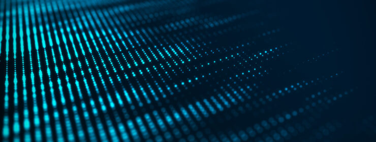 Digital background with moving glowing particles. Futuristic hi-tech illustration. Concept of data transfer in cyberspace. Big data visualization. 3d rendering.