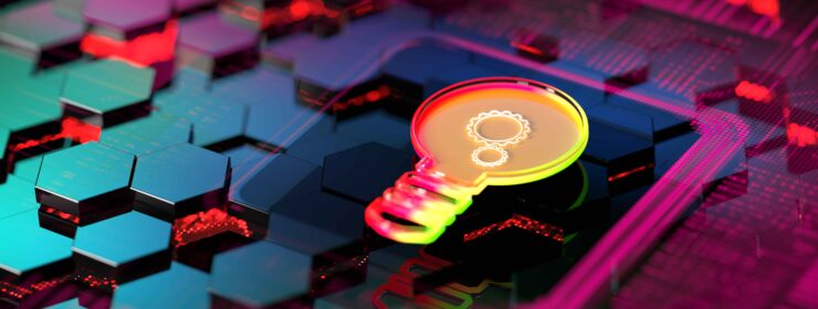 Light bulb icon on digital display. Creativity development concept