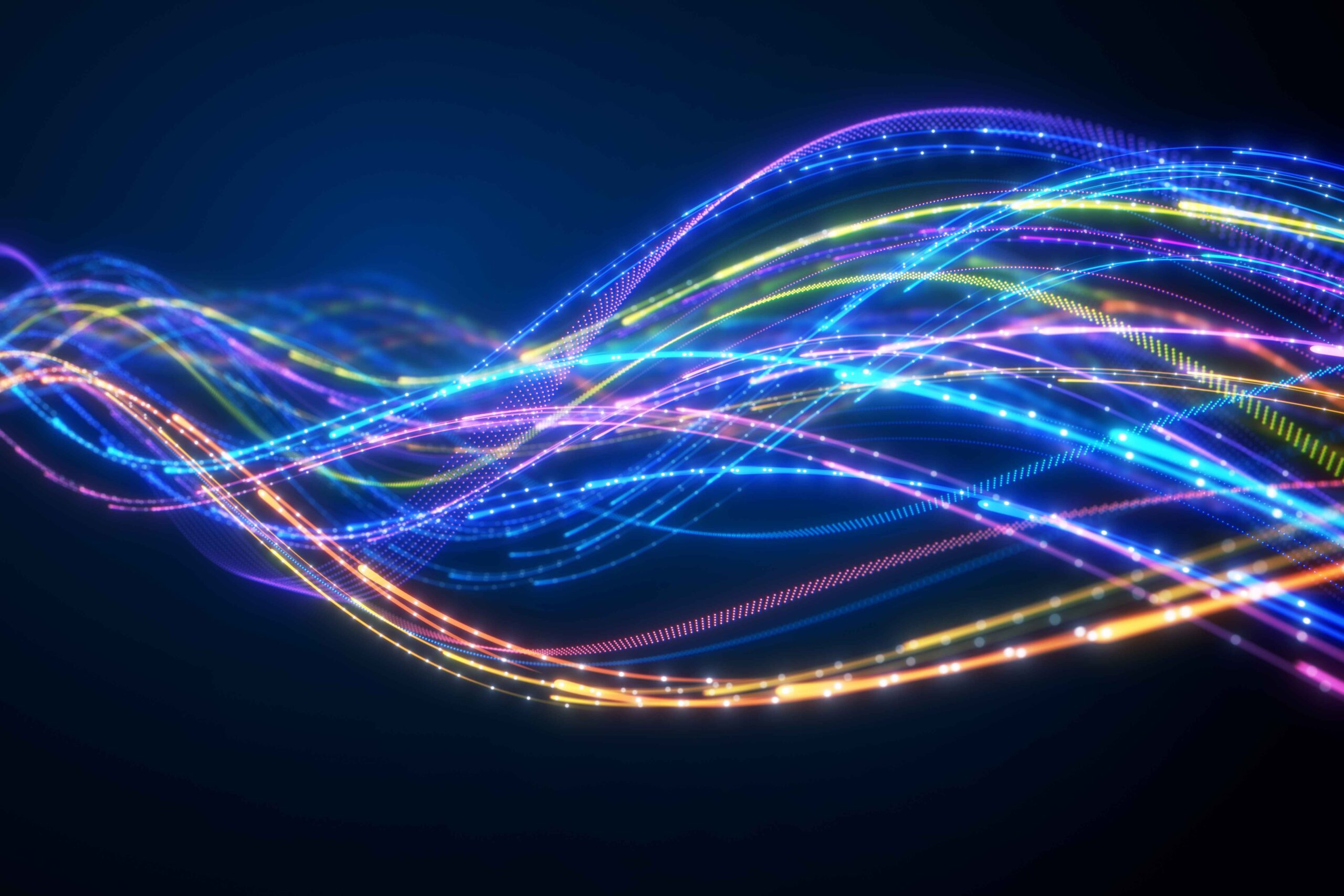 Close up of network data flowing on black background