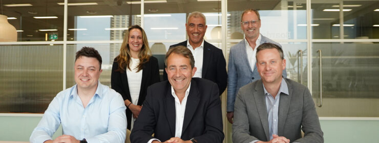 Welcome to our five new Partners - May 2025 group photo. Front L-R: Damocles Merry, Jonathan Agar, Phil Brown Back L-R: Helen Garner, Salim Somjee, Simon Oats.