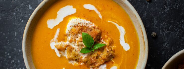 Homemade carrot lentil pumpkin and cream soup with basil