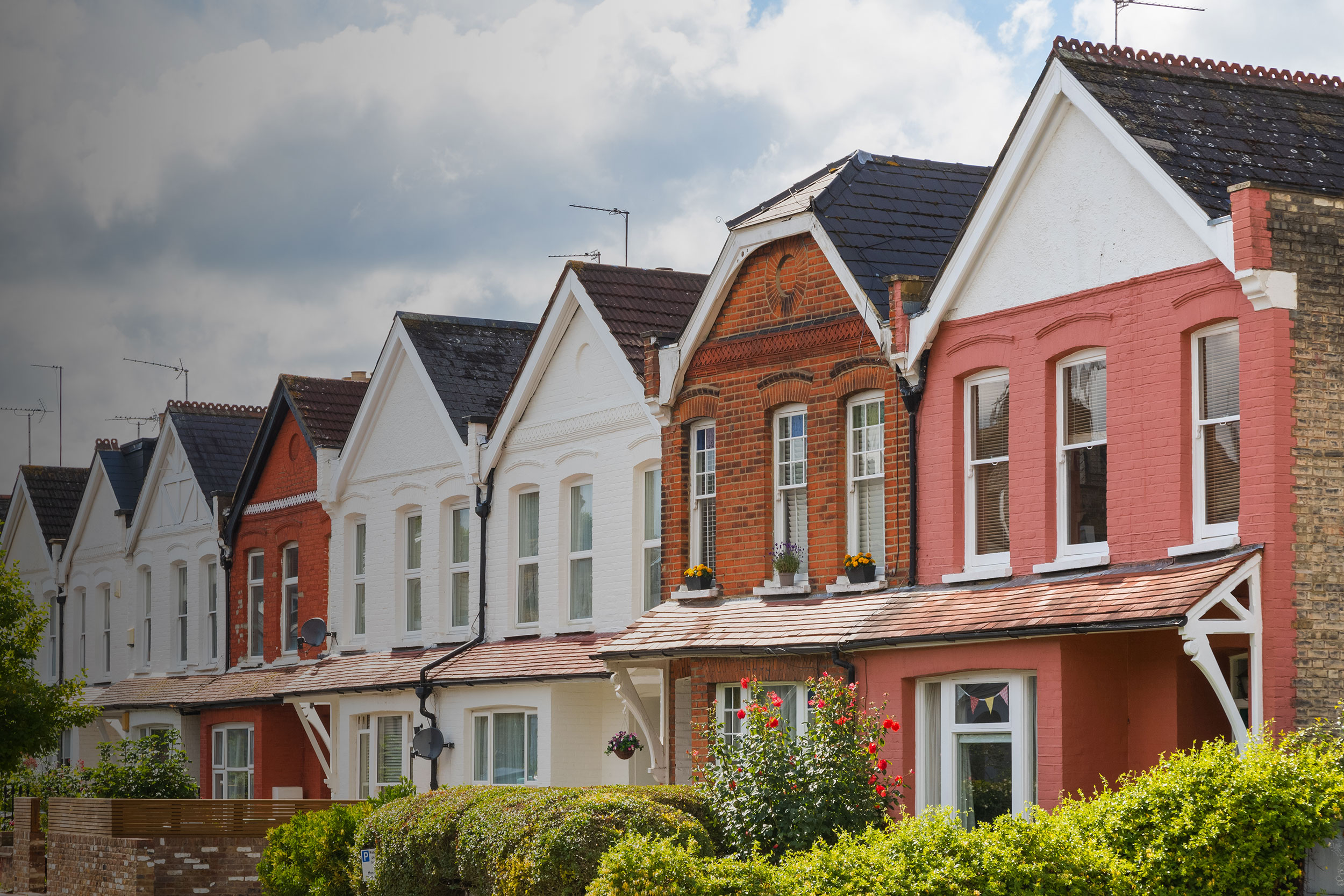 Row of traditional English terraced houses in Crouch End, north London